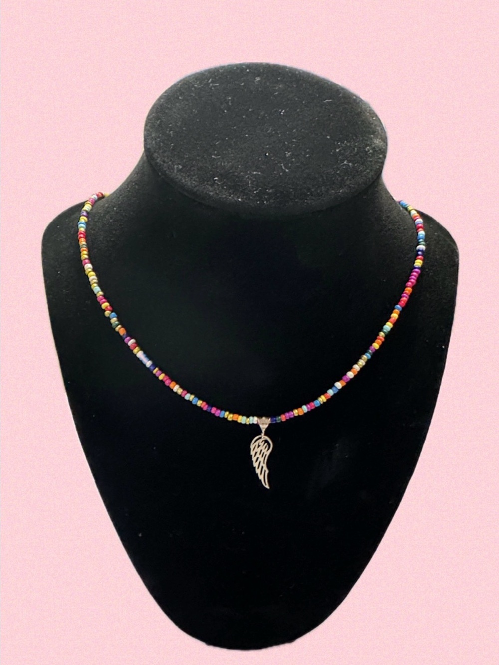 Multicolor Beaded Necklace with Silver Wing Pendant - Women Jewelry